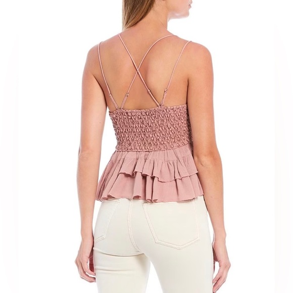 New Free People Adella mauve Barbie pink Lace Smocked Blend Ruffle Layered cami - Picture 3 of 4
